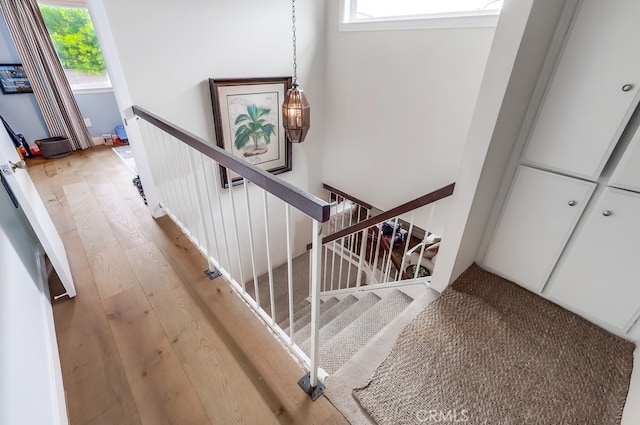 stairs featuring hardwood / wood-style floors