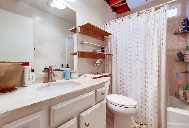 bathroom featuring shower / bath combination with curtain, toilet, and vanity