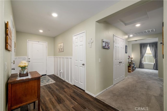 29068 Aubrey Cir, Winchester, CA 92596 - hallway featuring attic access, visible vents, recessed lighting, and dark wood-type flooring