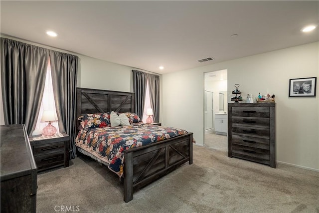 29068 Aubrey Cir, Winchester, CA 92596 - carpeted bedroom with baseboards, ensuite bathroom, visible vents, and recessed lighting