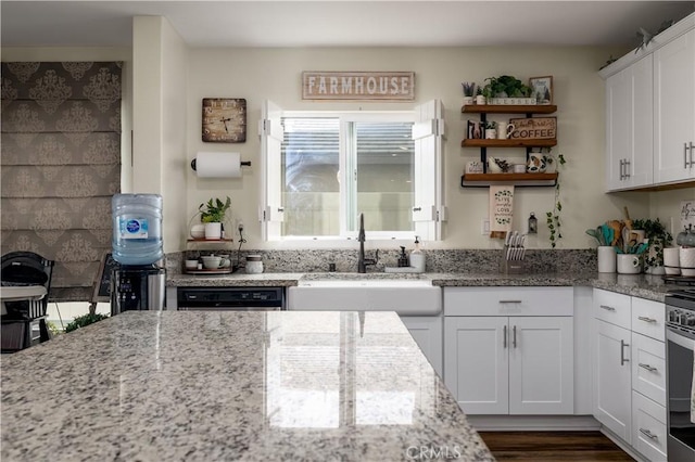 29068 Aubrey Cir, Winchester, CA 92596 - kitchen featuring white cabinetry, dishwashing machine, light stone counters, and a sink