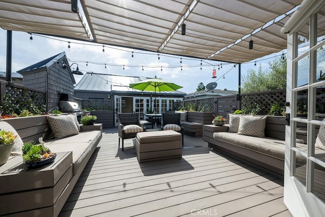 604 Begonia Ave, Corona Del Mar, CA 92625 - wooden terrace featuring a pergola, an outdoor living space, and area for grilling