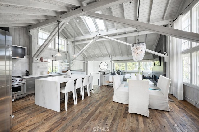 604 Begonia Ave, Corona Del Mar, CA 92625 - dining space with beam ceiling, wooden ceiling, high vaulted ceiling, dark wood-style floors, and a chandelier