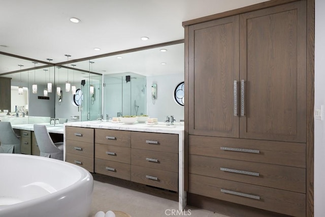 604 Begonia Ave, Corona Del Mar, CA 92625 - bathroom featuring vanity, a soaking tub, a stall shower, and recessed lighting