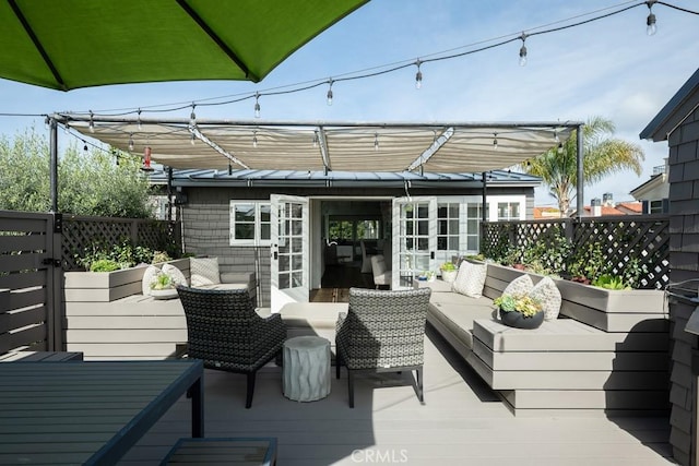 604 Begonia Ave, Corona Del Mar, CA 92625 - wooden deck featuring an outdoor hangout area, fence, and french doors