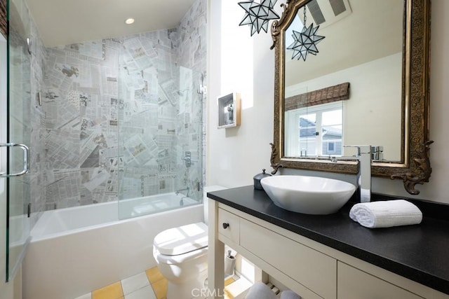 604 Begonia Ave, Corona Del Mar, CA 92625 - full bath with shower / bath combination with glass door, vanity, toilet, tile patterned floors, and recessed lighting