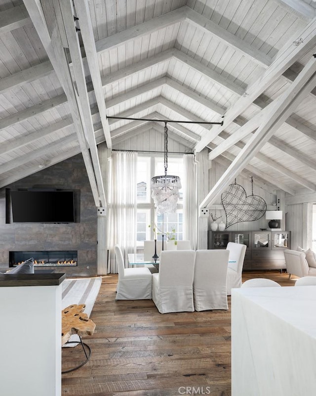 604 Begonia Ave, Corona Del Mar, CA 92625 - living area with wood ceiling, a fireplace, wood finished floors, a notable chandelier, and vaulted ceiling with beams