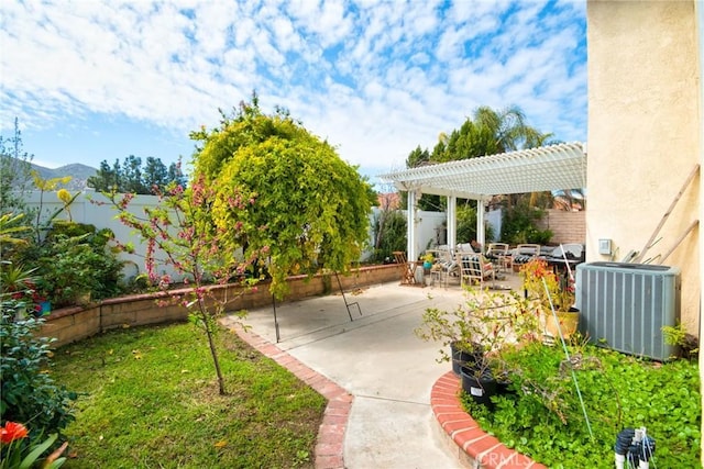 view of patio with outdoor dining space, cooling unit, and a pergola