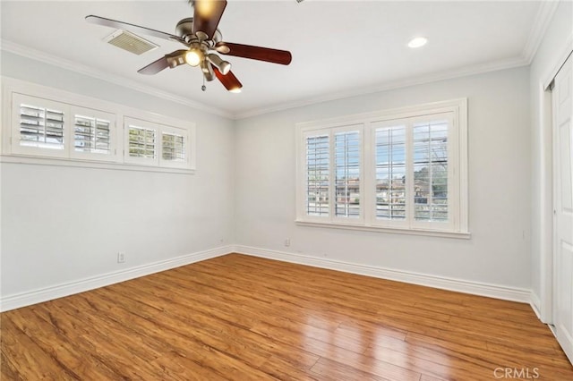 1202 W Lancaster Blvd, Lancaster, CA 93534 - empty room featuring ceiling fan, wood finished floors, ornamental molding, and recessed lighting