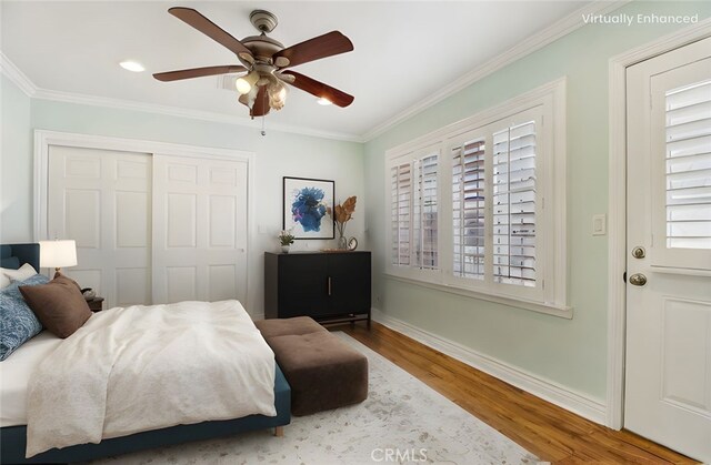 1202 W Lancaster Blvd, Lancaster, CA 93534 - bedroom with wood finished floors, baseboards, crown molding, a closet, and a ceiling fan