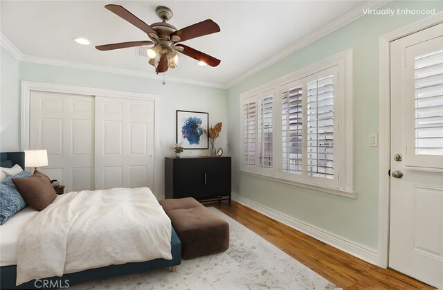 1202 W Lancaster Blvd, Lancaster, CA 93534 - bedroom featuring wood finished floors, crown molding, a closet, ceiling fan, and recessed lighting