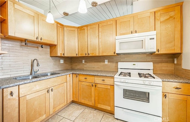 1307 N Allyn Ave, Ontario, CA 91764 - kitchen with white appliances, light brown cabinets, tasteful backsplash, open shelves, and wood ceiling