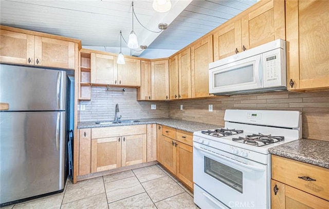 1307 N Allyn Ave, Ontario, CA 91764 - kitchen with white appliances, light brown cabinetry, decorative backsplash, open shelves, and wooden ceiling