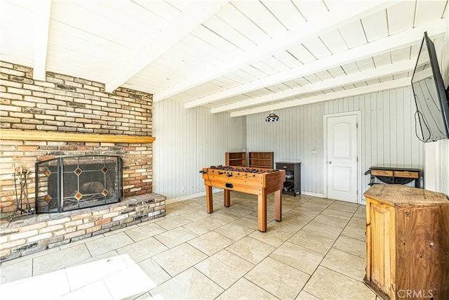 1307 N Allyn Ave, Ontario, CA 91764 - rec room with light tile patterned floors, a brick fireplace, and a wood ceiling with exposed beams