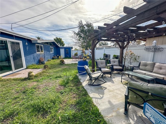 1307 N Allyn Ave, Ontario, CA 91764 - fenced backyard with an outdoor living space, a pergola, a patio area, and an outbuilding