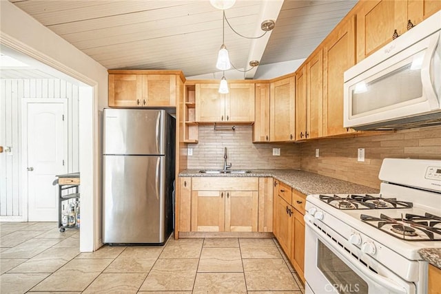1307 N Allyn Ave, Ontario, CA 91764 - kitchen featuring white appliances, decorative backsplash, light brown cabinets, and lofted ceiling