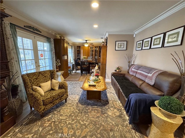 433 Oakmont Dr, Barstow, CA 92311 - living room featuring wood finished floors, recessed lighting, ceiling fan, ornamental molding, and french doors
