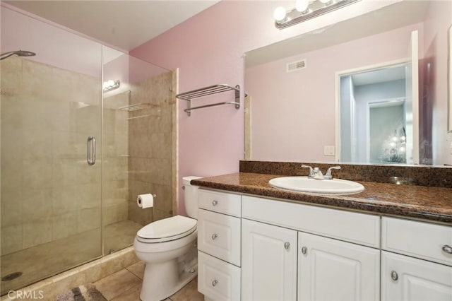 full bath with a shower stall, tile patterned floors, vanity, toilet, and visible vents
