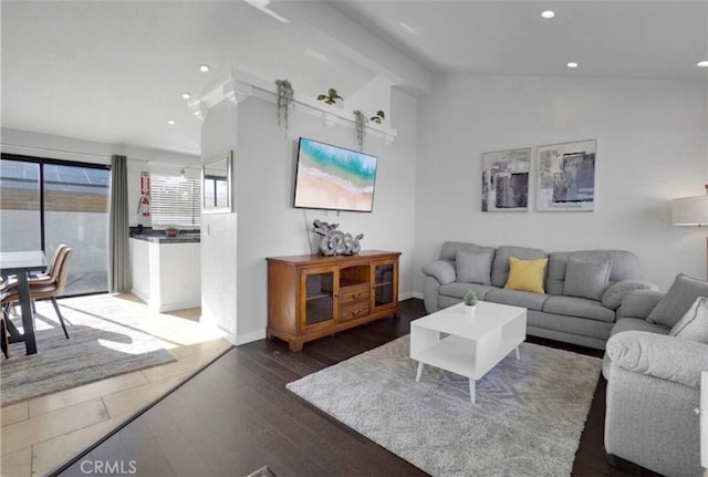 3291 N Sandspring Dr, Palm Springs, CA 92262 - living room with hardwood / wood-style floors, vaulted ceiling, recessed lighting, and baseboards