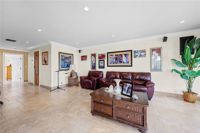 living room featuring visible vents, recessed lighting, crown molding, and baseboards