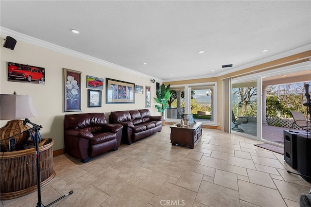 living room featuring stone tile flooring, plenty of natural light, ornamental molding, and baseboards
