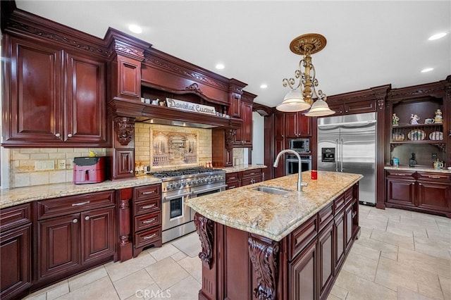 kitchen featuring a sink, open shelves, dark brown cabinets, and built in appliances