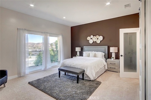 21655 Temescal Canyon Rd, Corona, CA 92883 - bedroom with recessed lighting, light colored carpet, visible vents, and baseboards