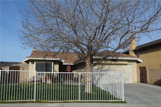 36913 Tobira Dr, Palmdale, CA 93550 - view of front of home with stucco siding, concrete driveway, a garage, and a chimney