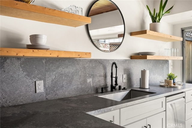 4040 Grand View Blvd Unit 35, Los Angeles, CA 90066 - interior space featuring decorative backsplash, open shelves, a sink, white cabinetry, and dishwashing machine