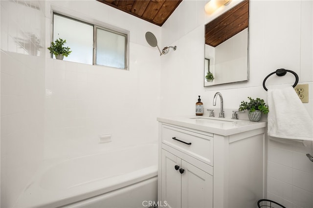 4040 Grand View Blvd Unit 35, Los Angeles, CA 90066 - bathroom with vanity, bathing tub / shower combination, tile walls, and wooden ceiling