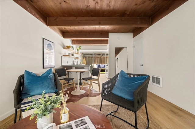 4040 Grand View Blvd Unit 35, Los Angeles, CA 90066 - living area featuring visible vents, beamed ceiling, wood finished floors, wooden ceiling, and baseboards
