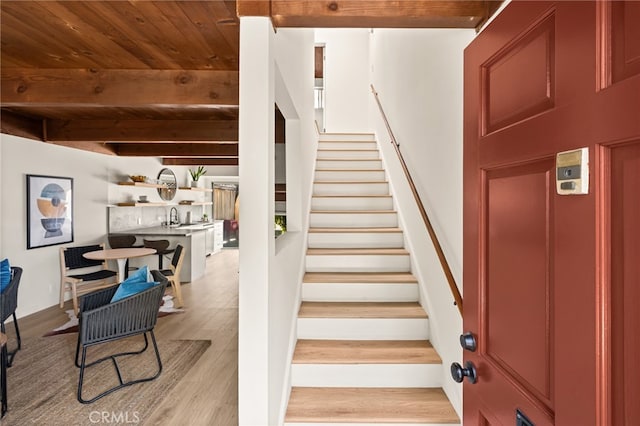 4040 Grand View Blvd Unit 35, Los Angeles, CA 90066 - staircase featuring beamed ceiling, wood finished floors, and wooden ceiling