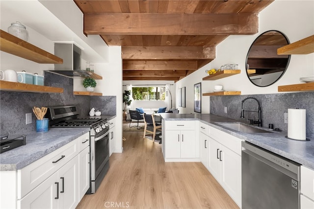 4040 Grand View Blvd Unit 35, Los Angeles, CA 90066 - kitchen featuring open shelves, stainless steel appliances, wood ceiling, and a sink