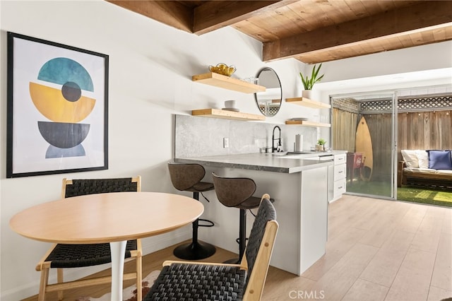 4040 Grand View Blvd Unit 35, Los Angeles, CA 90066 - kitchen featuring open shelves, wood ceiling, light wood finished floors, and beam ceiling