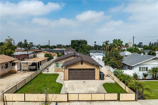 1143 Webster St, Redlands, CA 92374 - view of front facade featuring a residential view, a fenced front yard, a garage, a front yard, and driveway