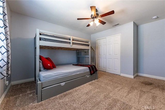 1143 Webster St, Redlands, CA 92374 - carpeted bedroom featuring baseboards, a ceiling fan, a closet, and visible vents