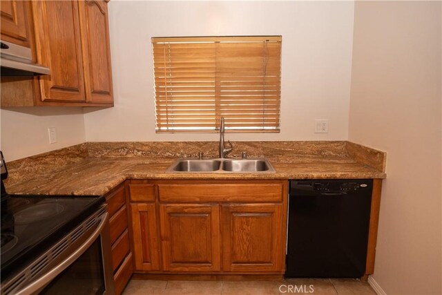 719 N Eucalyptus Ave Unit 19A, Inglewood, CA 90302 - kitchen with brown cabinetry, a sink, black dishwasher, electric stove, and under cabinet range hood