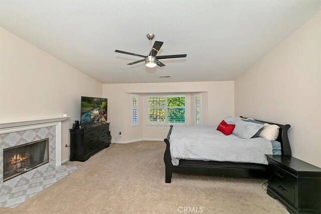 1618 Southport Dr, Riverside, CA 92506 - bedroom featuring carpet flooring, a fireplace, a ceiling fan, and baseboards