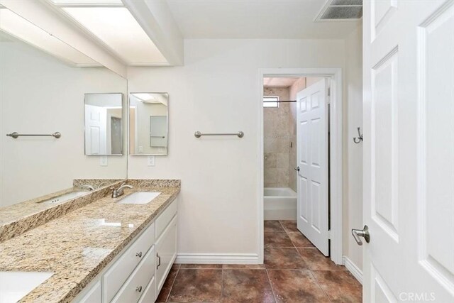 1618 Southport Dr, Riverside, CA 92506 - bathroom featuring baseboards, double vanity, tile patterned flooring, and shower / tub combination