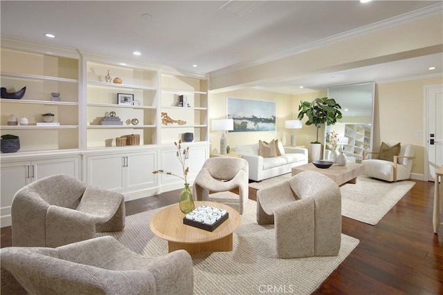 89 S La Senda Dr, Laguna Beach, CA 92651 - living area featuring recessed lighting, baseboards, ornamental molding, and dark wood-style floors