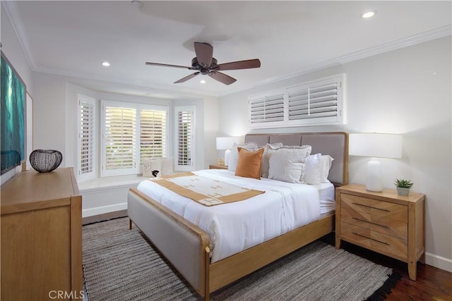 89 S La Senda Dr, Laguna Beach, CA 92651 - bedroom featuring crown molding, baseboards, recessed lighting, and wood finished floors