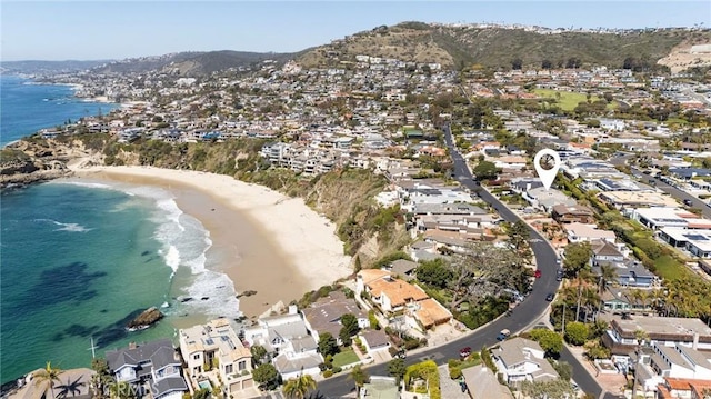 89 S La Senda Dr, Laguna Beach, CA 92651 - drone / aerial view featuring a water and mountain view, a beach view, and a residential view