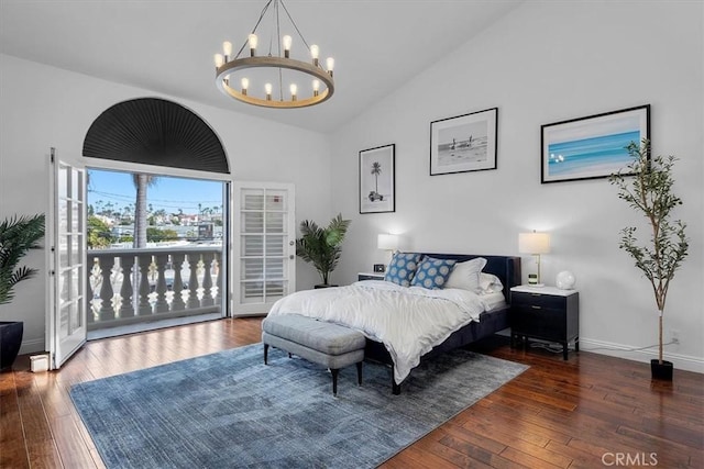 515 N Gertruda Ave Unit 9, Redondo Beach, CA 90277 - bedroom featuring a chandelier, hardwood / wood-style floors, access to outside, baseboards, and high vaulted ceiling