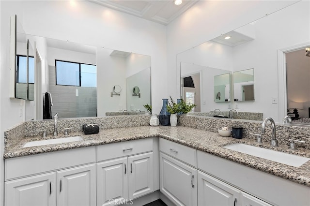 515 N Gertruda Ave Unit 9, Redondo Beach, CA 90277 - bathroom featuring a walk in shower, double vanity, recessed lighting, and ornamental molding