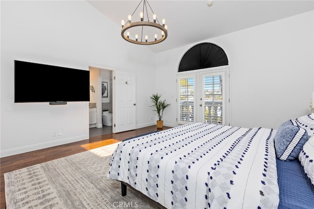 515 N Gertruda Ave Unit 9, Redondo Beach, CA 90277 - bedroom featuring a chandelier, wood finished floors, access to exterior, high vaulted ceiling, and baseboards
