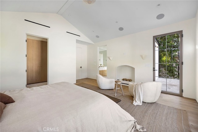 4209 Vantage Ave, Studio City, CA 91604 - bedroom featuring access to exterior, wood finished floors, and high vaulted ceiling