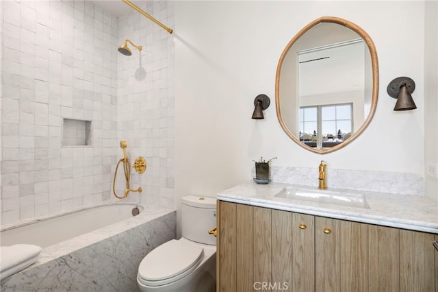 4209 Vantage Ave, Studio City, CA 91604 - bathroom with vanity, a combined bath / shower with marble appearance, and toilet