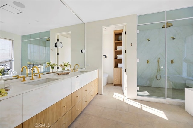 4209 Vantage Ave, Studio City, CA 91604 - full bathroom with double vanity, toilet, a marble finish shower, and tile patterned floors