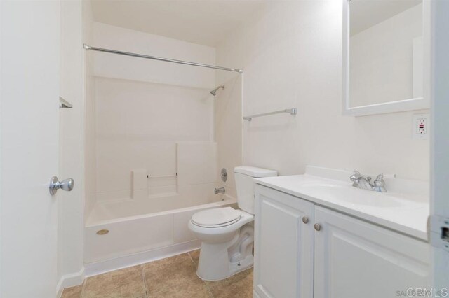 bathroom featuring tile patterned floors, toilet,  shower combination, and vanity