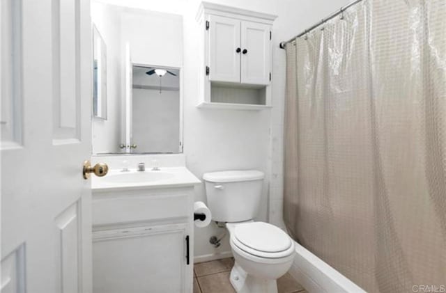 26364 Arboretum Way Unit 3301, Murrieta, CA 92563 - full bathroom with a shower with shower curtain, toilet, a ceiling fan, vanity, and tile patterned floors